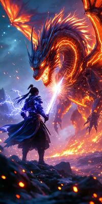 The primary subject of the image is a person, likely a woman, standing in front of a large dragon or a similar creature. The setting appears to be a fantasy or mythical environment, with the person holding a sword. The visual style of the image is digital art, as it is a detailed and well-rendered scene. The colors and mood of the image are dramatic and intense, with the person and the dragon being the main focus of the scene.